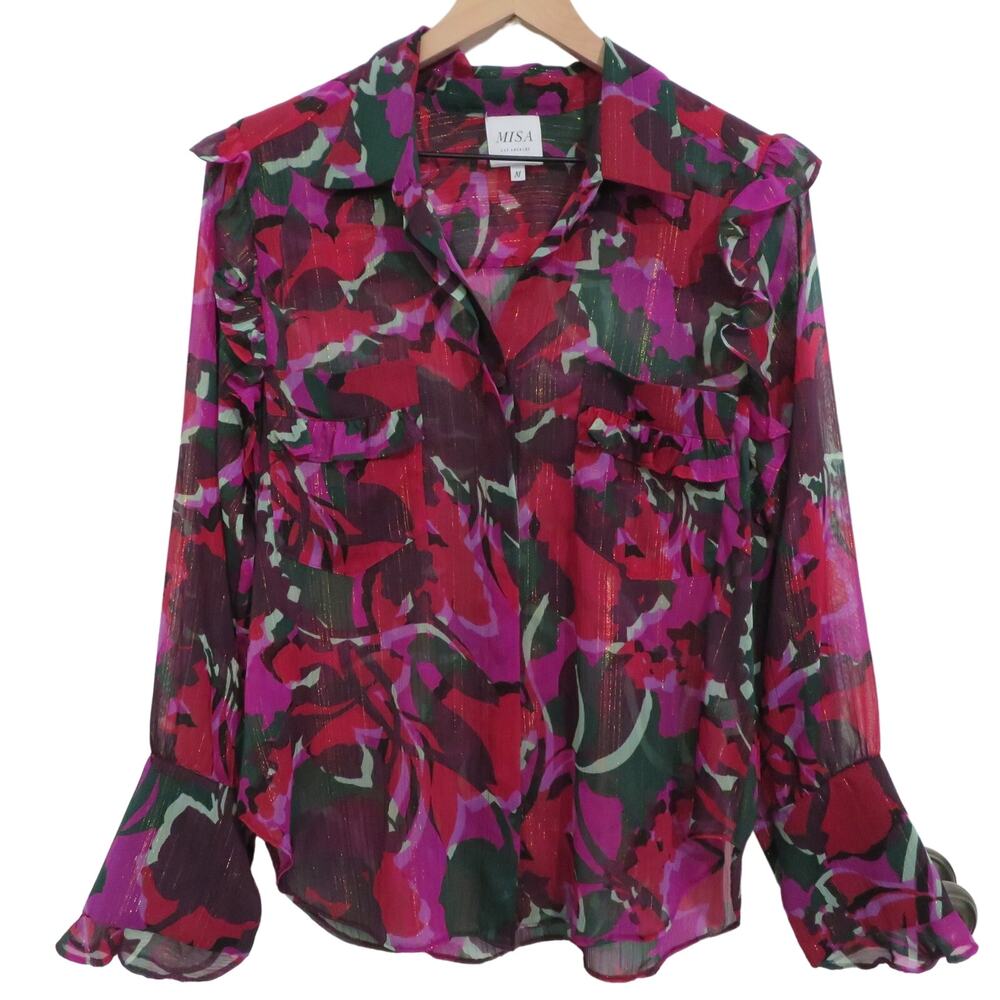 Misa Los Angeles Women Sz M Multicolor Button Front Long Sleeve Top Gold Shimmer